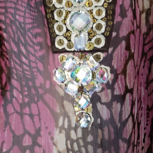 Chico's pink & brown animal print jeweled beaded silk tunic top Womens Medium - Picture 7 of 8